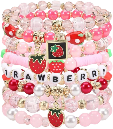 Amazon.com: 8pcs Cute Fruit Strawberry Bracelets for Women Girls Pink Rose Red Stretch Beads Bracelet… : Clothing, Shoes & Jewelry
