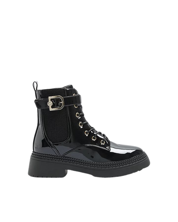 Black wide fit patent buckle boots | River Island