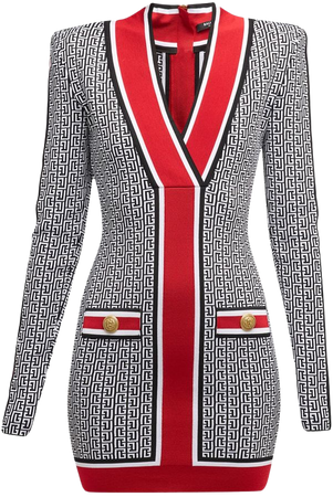 Balmain V-Neck Monogram Knit Strong-Shoulder Mini Dress | Neiman Marcus