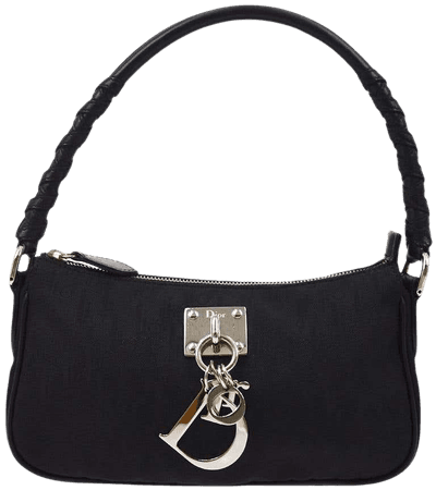 Christian Dior Black Nylon Leather Silver Charm Top Handle Pochette Shoulder Bag For Sale at 1stDibs