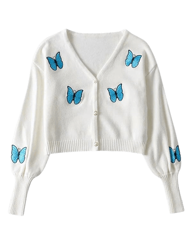 white cardigan with blue butterflies