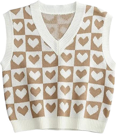SAFRISIOR Women Cute Heart Checker Print Sweater Vest V Neck Color Block Sleeveless Pullover Knit Tank Top 90s E-Girls at Amazon Women’s Clothing store