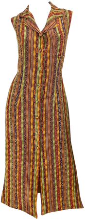 1990s Boho Silk Warm Color Vertical Aztec Stripe Sleeveless 90s Midi Shirt Dress For Sale at 1stDibs