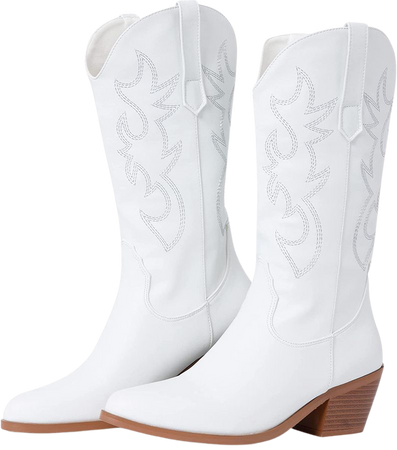 Amazon.com | AMINUGAL Womens Embroidered Western Cowboy Boots Pointed Toe Pull On Wild Calf Chunky Heel Retro Classic Cowgirl Mid Calf Boots For Women | Mid-Calf