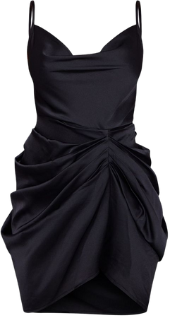 Black Cowl Neck Satin Draped Bodycon Dress | PrettyLittleThing USA