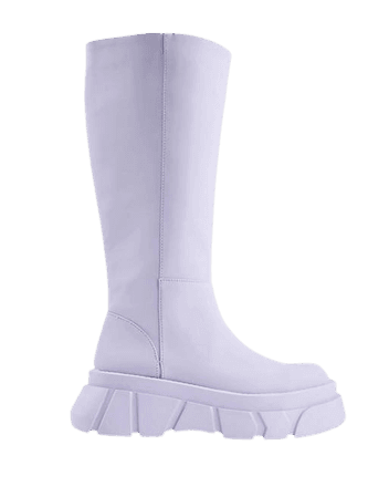 Pull&Bear knee high chunky wellie boots in lilac | ASOS