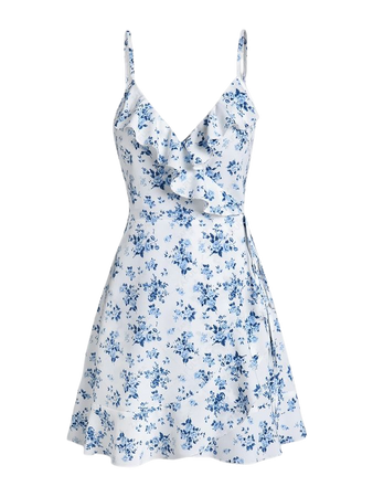 ZAFUL Ditsy Floral Ruffles Cami Wrap Mini Dress In BLUE | ZAFUL 2024