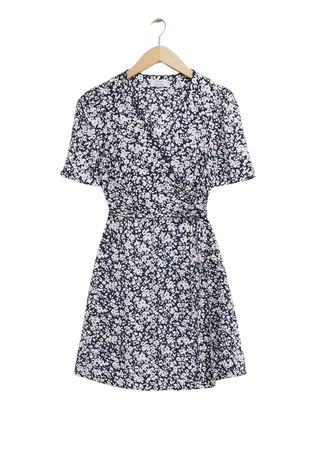 Printed Scallop Wrap Mini Dress - Dark Blue/White Floral Print - Printed dresses - & Other Stories US