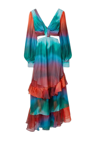 Sunset Cutout Ruffled Printed Chiffon Maxi Dress - Turquoise