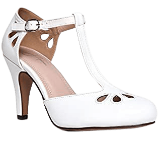 Amazon.com | Mary Jane Kitten Heels, Vintage Retro Scallop Round Toe Shoe With An Adjustable Strap, 5.5 B(M) US, White PU | Pumps