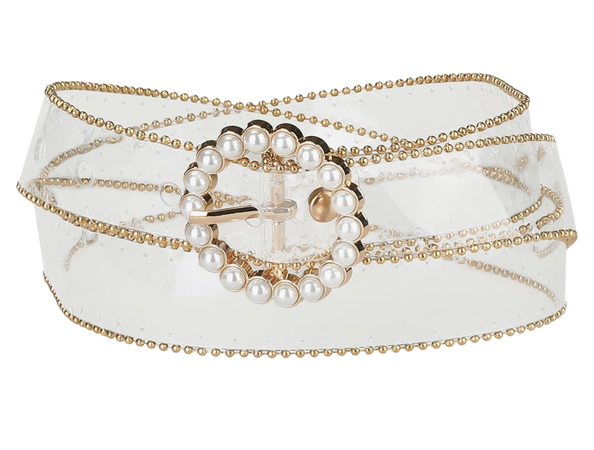 clear belt with gold and pearl accents