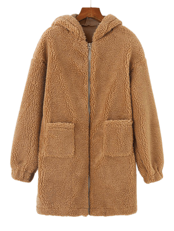[32% OFF] 2020 Hooded Drop Shoulder Pocket Teddy Coat In LIGHT COFFEE | ZAFUL