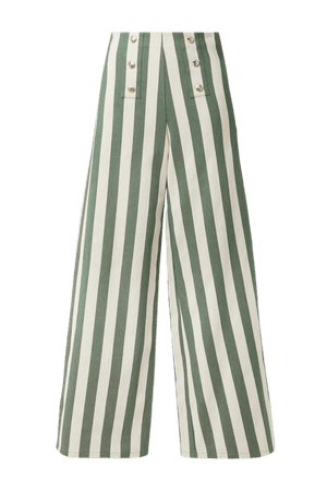 Green Serafina button-embellished striped cotton-twill wide-leg pants | Miguelina | NET-A-PORTER