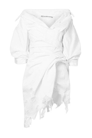 Gathered Distressed Denim Mini Dress - White