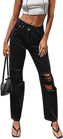 Women Ripped Boyfriends Jeans High Waist Baggy Denim Pants Wide Leg Straight Trousers Y2k Streetwear Vintage Loose Pants (Black, S) at Amazon Women's Jeans store