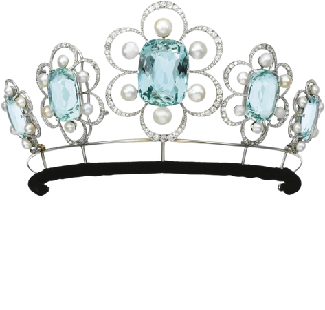 (#304) Aquamarine, natural pearl and diamond brooches, Georges Fouquet, 1908, later tiara fitting