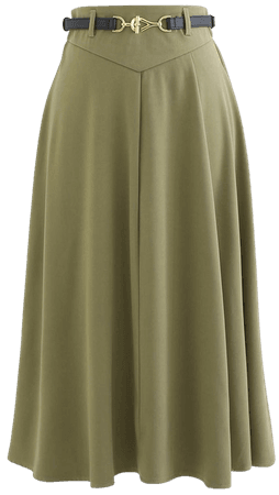 Metallic Buckle Belt A-Line Midi Skirt in Olive - Retro, Indie and Unique Fashion