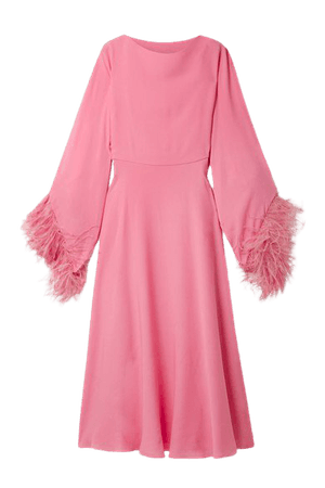 Feather-trimmed Silk-crepe Midi Dress - Pink