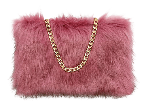 FHQHTH Faux Fur Purse Fuzzy Handbags for Women Evening Handbags Al alloy Shoulder Strap [Dark Pink]: Handbags: Amazon.com