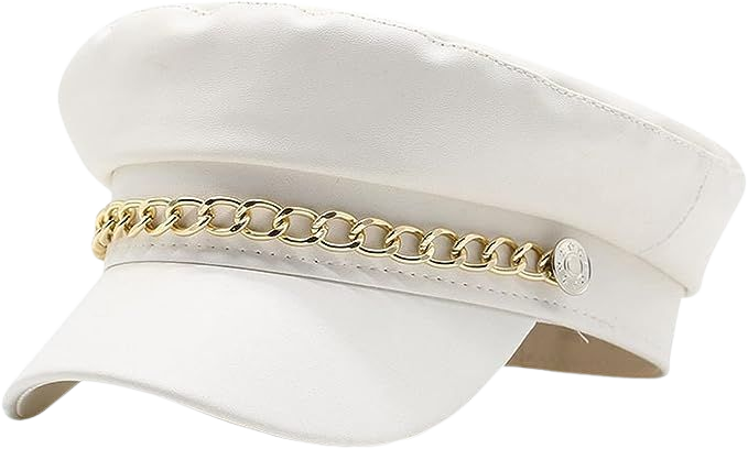 Women Yacht Captain Sailor Hat PU Newsboy Cabbie Baker Boy Peaked Beret Cap White with Chain at Amazon Women’s Clothing store
