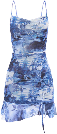 Blue Mesh Oriental Print Ruched Bodycon Dress | PrettyLittleThing USA