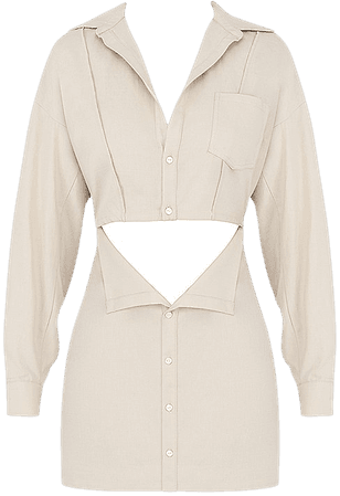 Clothing : Mini Dresses : 'Julietta' Beige Linen Cutout Shirt Dress