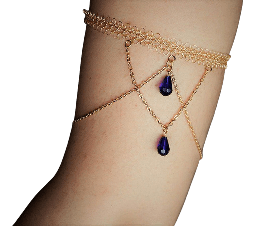 Upper Arm Band Gold | Adjustable | Boho Armlet with Blue Crystals