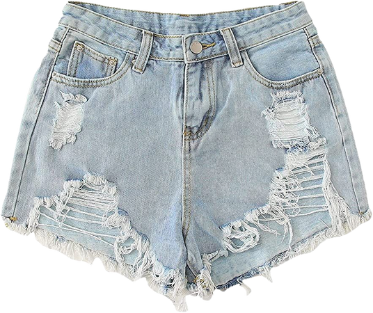 SweatyRocks Women's Casual Ripped Denim Shorts Frayed Raw Hem Jeans Shorts Blue-4 S at Amazon Women’s Clothing store