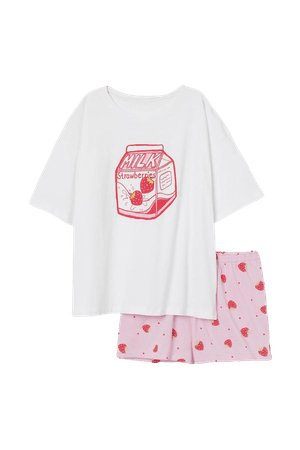 Pajama T-shirt and Shorts - White/strawberry milk - Ladies | H&M US