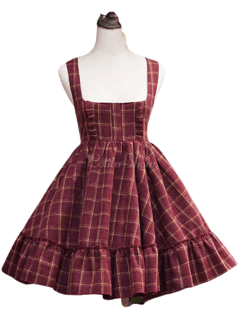 Classic Lolita JSK Jumper Skirt Tweed Sleeveless Ruffles Pleated Plaid Dark Red Lolita Dress - Lolitashow.com