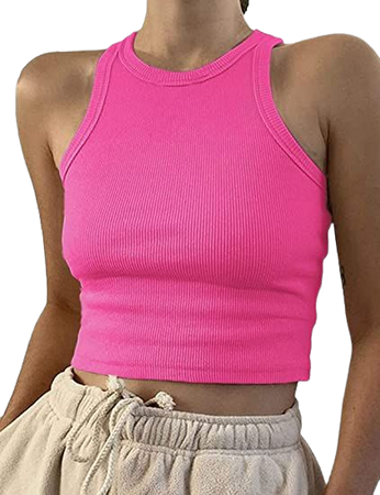 Artfish Women Casual Basic Sleeveless High Neck Ribbed Knit Racerback Crop Tank Top Cropped Neon Hot Pink S at Amazon Women’s Clothing store