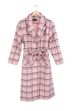 Cozy Plaid Coat - Wool Coat - Pink Coat - Button-Up Midi Coat - Lulus