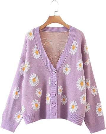 Women's Floral Knitted Daisy Sweater Cardigans Long Sleeve V Neck Loose Button Down Vintage Cottagecore Sweater Top at Amazon Women’s Clothing store