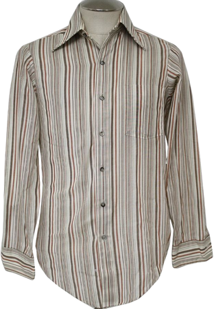 1970's Vintage Hennessy Shirt: 70s -Hennessy- Mens white, brown, green and red cotton polyester longsleeve striped shirt with folding collar, patch chest pocket, button front, buttoning cuffs and shirt tail hem.