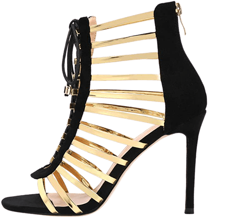 Womens Cutout Gladiator Lace Up High Heel - Open Toe Caged Stiletto Sandals Stripe Ankle Straps Strappy Dress Heeled Sandals Black Gold