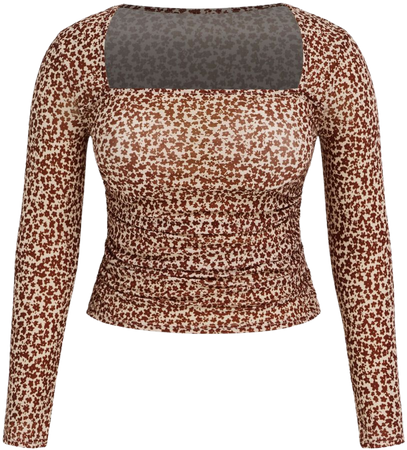Square Neck Floral Ruched Long Sleeve Top Curve & Plus - Cider