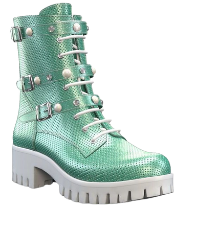 Mint Green Metallic Lace Up Ankle Boots