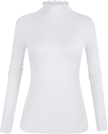 POPZONE Women's Lettuce Trim Mockneck Long Sleeve Slim Fit Ribbed Knit Tee Shirt (01-White, Medium) at Amazon Women’s Clothing store