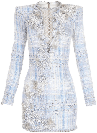 Embroidered Blue, White And Silver Tweed Dress for Women - Balmain.com