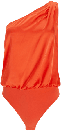 Satin One Shoulder Ruched Thong Bodysuit | Express