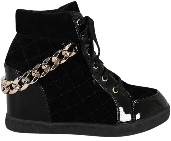 Fahrenheit Black Quilted Sneaker Wedge Lace up Gold Chain Women's shoes Alison | eBay