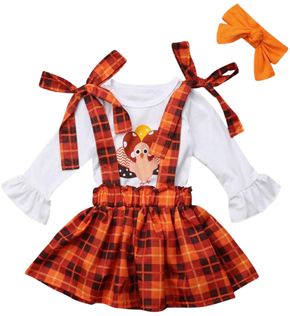 Amazon.com: Toddler Kids Girl Thanksgiving Outfits T-Shirt Tops+Plaid Suspender Skirt+Headband Set (1-2T, White, Orange): Clothing, Shoes & Jewelry