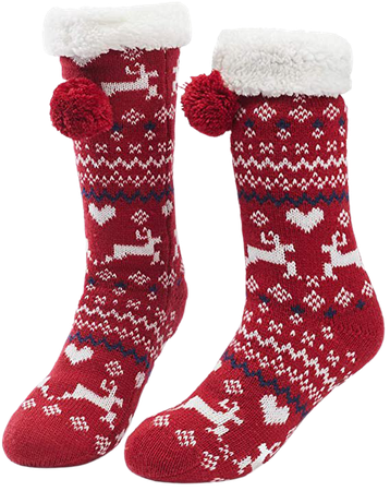 Maamgic Womens Christmas Fuzzy Slipper Sock Ladies Warm Funny Cable Knit Socks With Grips (Red)(Size: One Size): Amazon.co.uk: Clothing