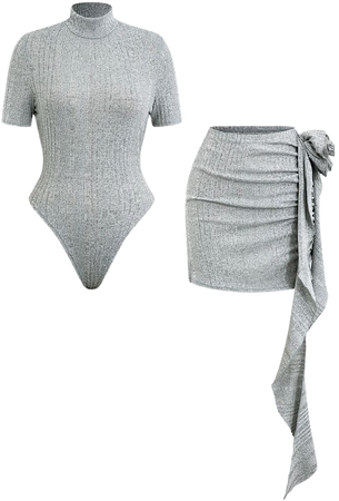 Mock Neck Short Sleeve Bodysuit And 3D Flower Mini Skirt Set – Micas