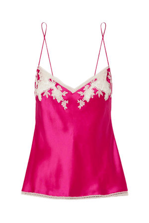Bright pink Chantilly lace-trimmed silk-satin camisole | Carine Gilson | NET-A-PORTER