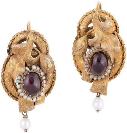 Pair of Gold Cabochon Garnets and Seed Pearls Victorian Earrings For Sale at 1stDibs