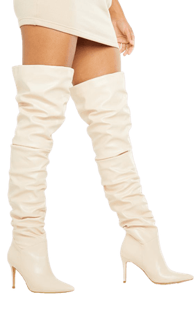 Cream Slouch Mid Heel Thigh High Boots | PrettyLittleThing USA