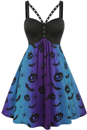Plus Size High Waist Pumpkin Spider Print Dress [45% OFF] | Rosegal