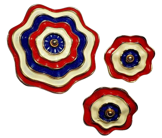 Vintage MARVELLA Signed 1960s Red White Blue Enamel Patriotic Ruffle Flower Brooch Pin & Matching Clip Earring Women's Costume Jewelry