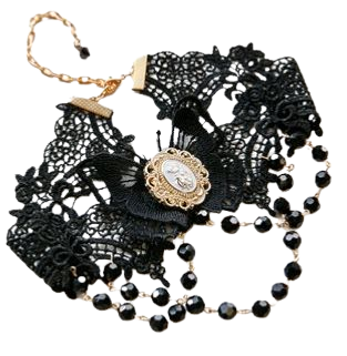 Obsidian Butterfly's Dance Black Lace Bead Chain Gothic Lolita Choker